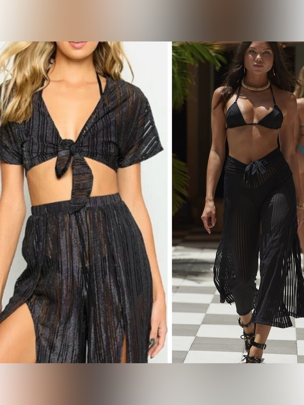 Beach Bunny Black Sheer Stripe Tie Crop Top & Slit Flowy Pants Coverup Set
